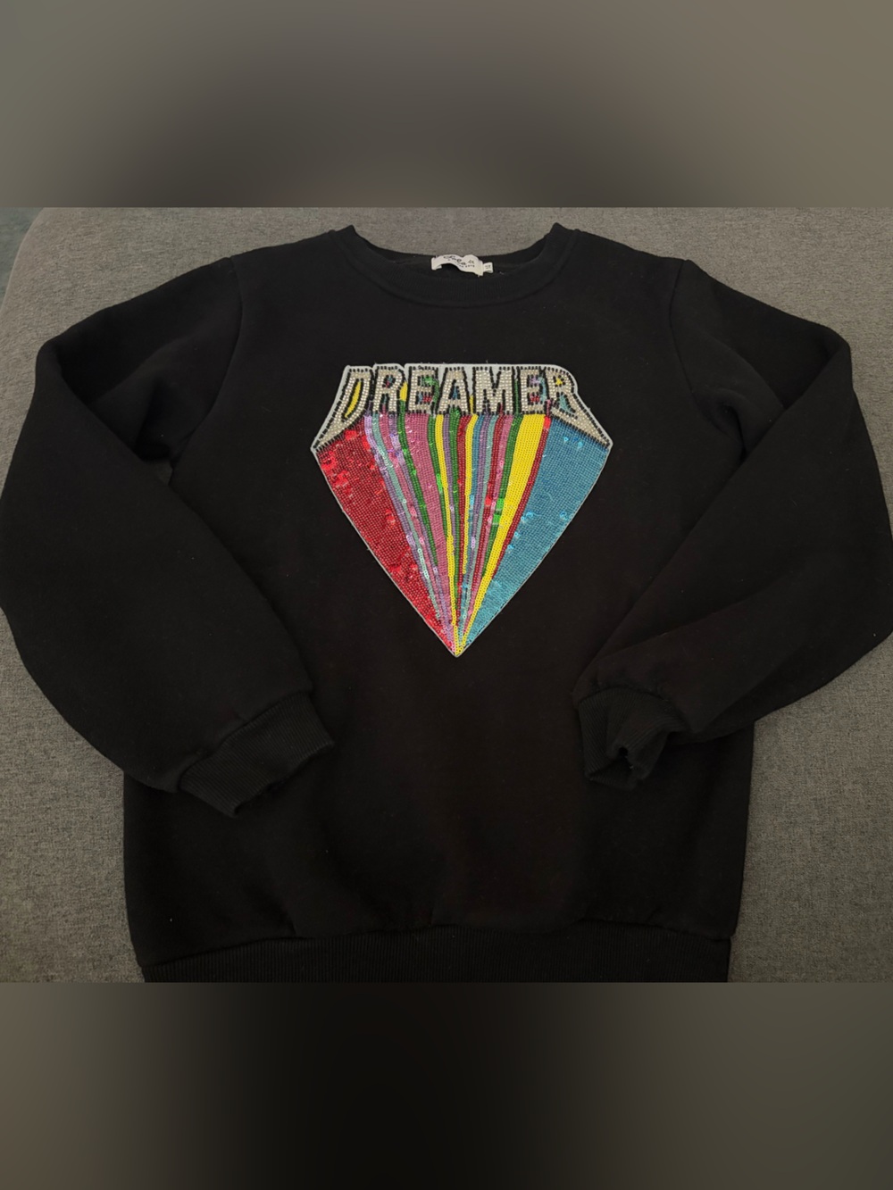 Lola + The Boys Black Sequin "Dreamer" Pullover with Rainbow Graphic